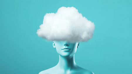 This stunning abstract image features a serene figure with a cloud above its head against a vibrant turquoise background, symbolizing creativity and imagination.の素材