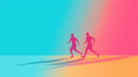 This vibrant image captures the dynamic movement of two runners in silhouette, set against a colorful gradient background. Perfect for sports and fitness themes.の素材