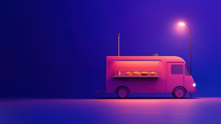 A vibrant food truck illuminated by neon lights stands against a deep blue backdrop. The scene captures the essence of urban street food culture and culinary creativity.の素材