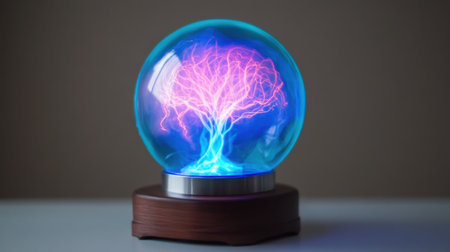 This beautiful glass sphere features an intricate design of an electric tree, illuminated with vibrant neon colors, perfect for enhancing any modern decor setting.の素材