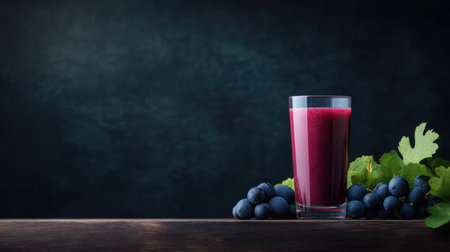 A vibrant glass of freshly made grape juice sits on a rustic wooden table, surrounded by plump grapes, showcasing a healthy and refreshing beverage choice.の素材