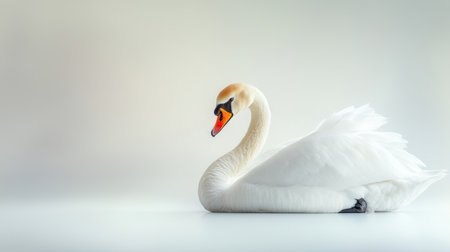 A beautiful white swan floats serenely in calm waters, embodying elegance and grace amidst a minimalist backdrop, ideal for nature and wildlife themes.の素材