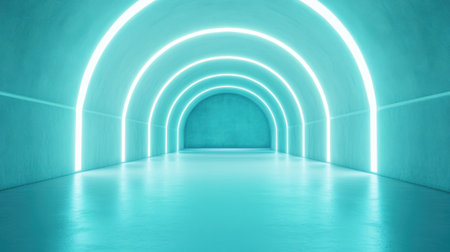 A mesmerizing tunnel showcasing glowing neon lights in blue and a smooth reflective floor, perfect for futuristic design projects and vivid artistic expressions.の素材