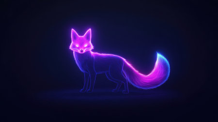 A stunning neon illustration of a fox stands in a dark background, showcasing vibrant colors and glowing effects that enhance the artistic digital aesthetic.の素材