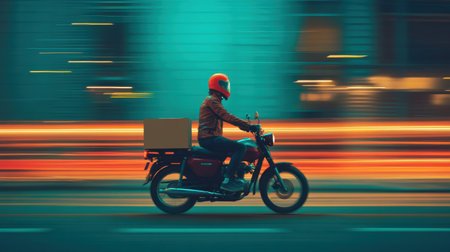 A dynamic scene of a delivery rider on a motorcycle navigating through a vibrant urban landscape at night, highlighted by motion blur and neon lights, epitomizing city life.の素材