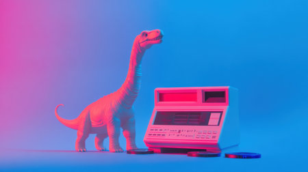 This captivating image features a toy dinosaur beside a vintage tape recorder against a vibrant pink and blue backdrop, evoking nostalgia and playful creativity.の素材