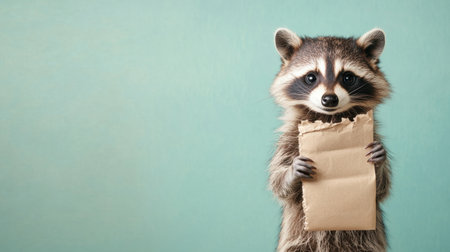 This charming raccoon with a curious look and crumpled paper offers a delightful addition to animal-themed projects, emphasizing playfulness and nature's charm.の素材