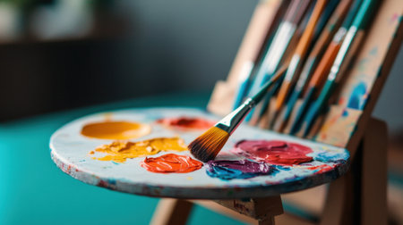 This image showcases a colorful painting palette with a paintbrush resting on it, surrounded by various brushes on an easel, capturing the essence of artistic creativity.の素材