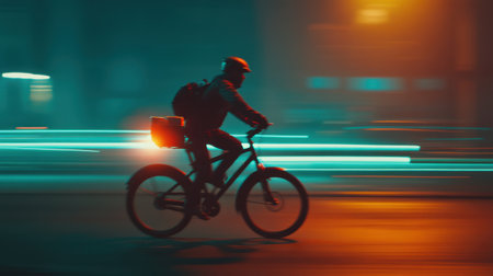 A captivating scene showcasing a cyclist in motion at night, captured with vibrant neon lights and dramatic motion blur, illustrating the excitement of urban biking.の素材
