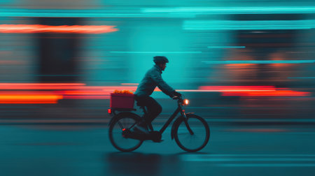 A dynamic shot capturing a biker riding through a neon-lit urban landscape at night, conveying a sense of speed and energy amidst vibrant city lights.の素材