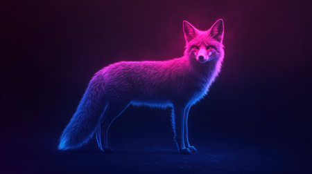 Explore this captivating image of a fox illuminated in vibrant neon colors, showcasing stunning fur texture against a dark, artistic background in modern design.の素材