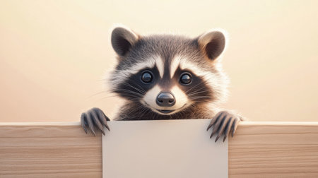 This charming image features a cute raccoon peeking over a wooden surface, showcasing its inquisitive personality and fluffy fur in a warm light setting.の素材