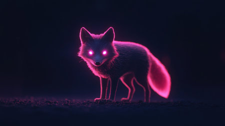 A captivating digital artwork featuring a neon fox with glowing eyes set against a dark background. This piece evokes a sense of mystery and enchantment through vivid colors.の素材