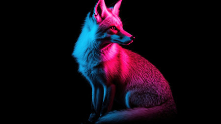 A stunning portrait of a fox illuminated by vibrant blue and pink neon lights, showcasing its sleek profile against a dark backdrop, exuding elegance and mystery.の素材