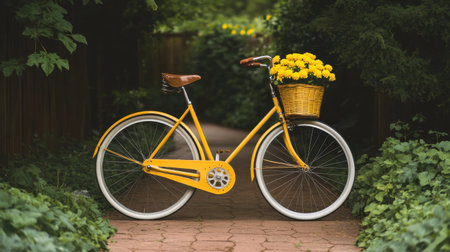 A charming yellow bicycle with a flower-filled basket rests on a serene path, surrounded by lush greenery, evoking a joyful spring vibe perfect for outdoor adventures.の素材