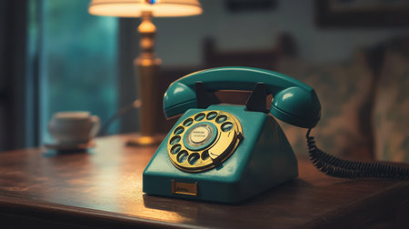 A vintage rotary telephone rests on a wooden table, complemented by a soft lamp and a coffee cup, evoking a nostalgic and cozy atmosphere in a warm indoor setting.の素材