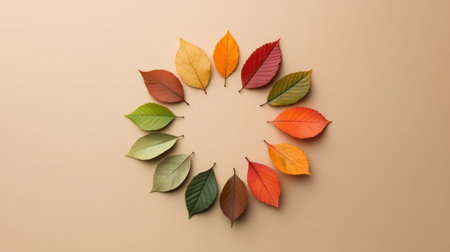 This image features an artistic circular arrangement of vibrant autumn leaves in warm tones on a neutral background, perfect for celebrating the beauty of seasonal change.の素材