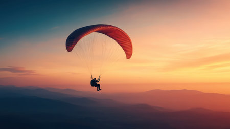 A stunning view of a paraglider soaring through the colorful sky at sunset, casting a silhouette against the vibrant hues of orange and pink over the mountains.の素材