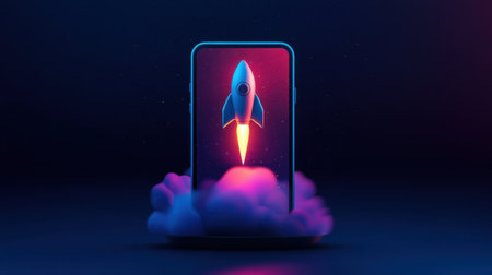 A vibrant depiction of a smartphone featuring a rocket launching from its screen, symbolizing progress and innovation in the digital landscape. Explore new horizons!の素材