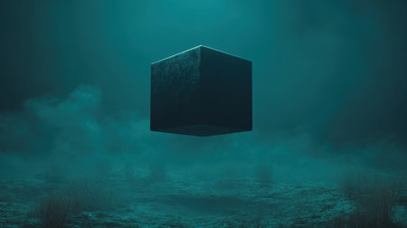 A captivating digital artwork featuring a floating cube submerged in a dark underwater setting. The surrounding fog and grass create an atmosphere of enigma and intrigue.の素材