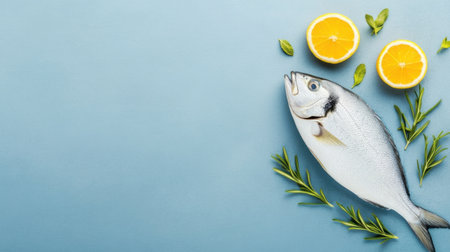 A beautifully styled fresh fish surrounded by lemon slices and herbs on a light blue background. Ideal for recipes, seafood dishes, or culinary inspirations.の素材