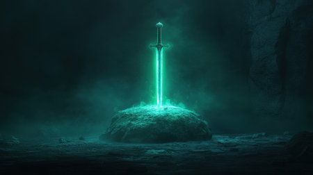 A striking image of an ethereal sword glowing brilliantly as it emerges from a mystical rock in a dimly lit cave, surrounded by swirling mist, evokes a sense of adventure and intrigue.の素材