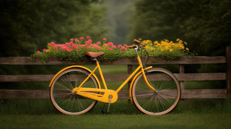 A picturesque yellow bicycle rests by a rustic wooden fence adorned with vibrant flowers, set in a serene green landscape, ideal for capturing the essence of summer adventures.の素材