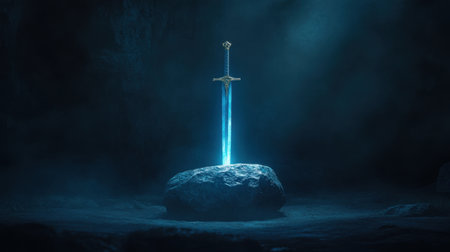 A stunning representation of an enchanted sword resting on a stone in a mystical cave setting. The ethereal glow and atmospheric fog create a captivating fantasy scene.の素材