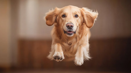 A golden retriever leaps joyfully indoors, showcasing its playful spirit and energetic nature. The dog's expressive face captures the essence of happiness and companionship.の素材