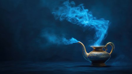 A beautifully crafted teapot emits wisps of steam against a dark backdrop, creating an enchanting atmosphere that highlights cultural richness and artistic elegance.の素材