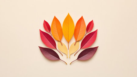 An artistic display of colorful leaves arranged beautifully against a neutral background, showcasing warm autumn hues that evoke feelings of joy and serenity.の素材
