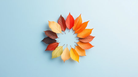 A captivating arrangement of autumn leaves in vibrant hues forms a circular design against a gentle blue background, perfect for seasonal or nature-themed projects.の素材