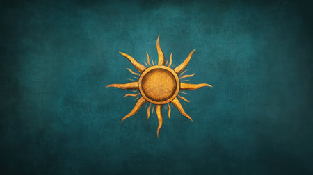 This image features a radiant sun symbol set against a textured teal background, creating a vintage aesthetic that enhances artistic expression and creativity.の素材