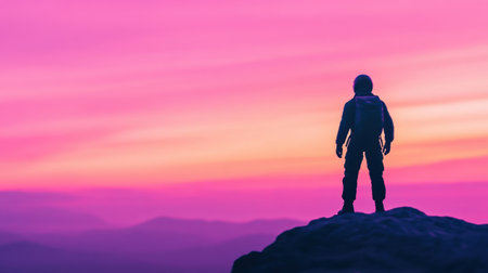 An astronaut stands on a rocky outcrop, silhouetted against a beautiful twilight sky. The vibrant colors of pink, purple, and blue create a serene atmosphere of exploration.の素材