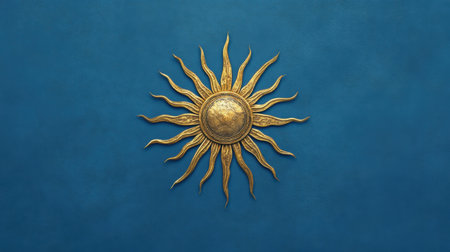 A striking golden sun emblem featuring intricate ray designs against a calming blue background. Ideal for themes of warmth, energy, and artistic expression.の素材