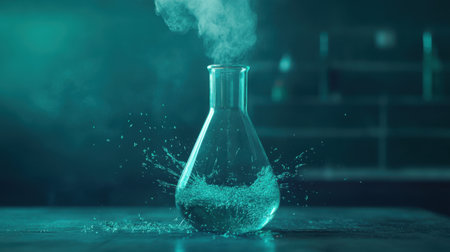 A glass laboratory flask emits steam and vapor, creating an atmospheric scene with water splashing against a moody, dimly lit background, showcasing scientific experimentation.の素材