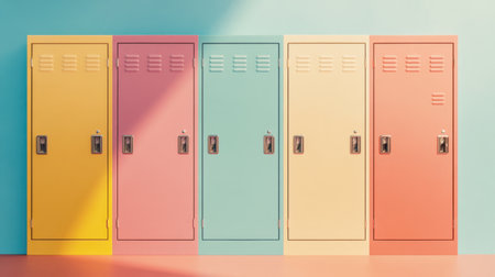 A row of colorful lockers in pastel shades set against a clean backdrop, features sunlit shadows creating a playful yet modern ambiance, perfect for youth-related projects.の素材