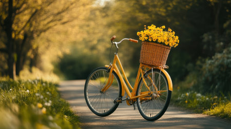 A charming vintage yellow bicycle with a basket of vibrant flowers rests on a tranquil pathway. Surrounded by lush greenery, this scene captures the essence of leisure and natural beauty.の素材