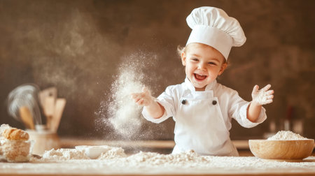 A cheerful child chef joyfully sprinkles flour in a bright kitchen, capturing the essence of playful cooking. The scene radiates happiness and creativity.の素材