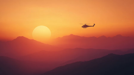 A helicopter soars through a vibrant sunset sky over a majestic mountain range, casting a silhouette against warm colors, evoking feelings of adventure and tranquility.の素材