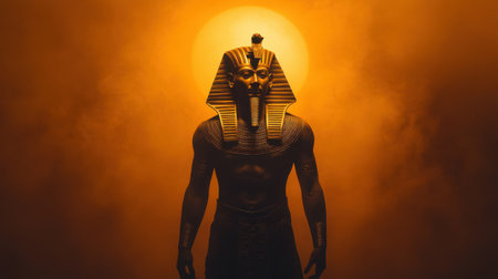 A striking representation of an ancient pharaoh stands against a backdrop of golden light and fog, symbolizing the rich cultural heritage and timeless mystique of ancient Egypt.の素材