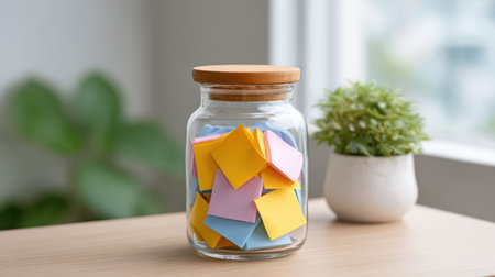 A vibrant display of colorful sticky notes in a clear glass jar, placed on a wooden table beside a green plant and a sunny window, creating a serene workspace.の素材