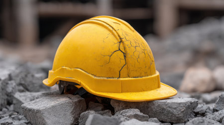 A cracked yellow safety helmet rests on rubble at a construction site, serving as a powerful reminder of safety hazards and the importance of protection in industrial environments.の素材