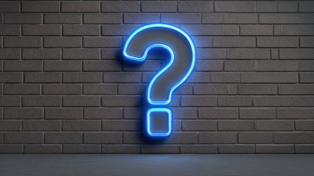 A vibrant neon question mark icon glows against a textured brick wall, creating an intriguing and modern aesthetic that sparks curiosity and inquiry.の素材