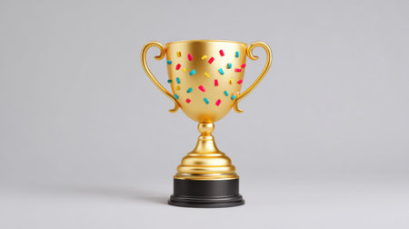 A stunning gold trophy adorned with colorful confetti, symbolizing achievement and celebration. Perfect for illustrating success and recognition in competitions.の素材