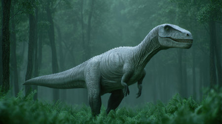 This captivating image depicts a lifelike dinosaur in a serene prehistoric forest, surrounded by lush ferns and enveloped in soft mist, creating an ethereal ambiance.の素材