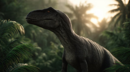 A stunning depiction of a dinosaur in a lush prehistoric jungle, surrounded by vibrant foliage and bathed in soft sunlight, evoking a sense of adventure.の素材