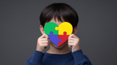 A young child showcases a heart-shaped puzzle piece in vibrant colors in front of their face, symbolizing love, creativity, and diversity.の素材