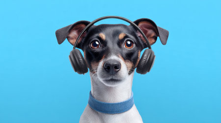 Adorable dog wearing headphones against a bright blue background, showcasing curiosity and enjoyment of music, perfect for pet-related themes.の素材