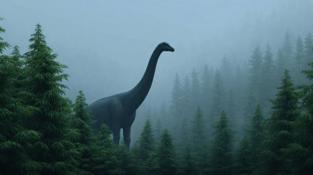 A stunning depiction of a dinosaur standing amidst a dense green forest, shrouded in mist. This image captures the majestic presence of this ancient creature in a serene natural landscape.の素材